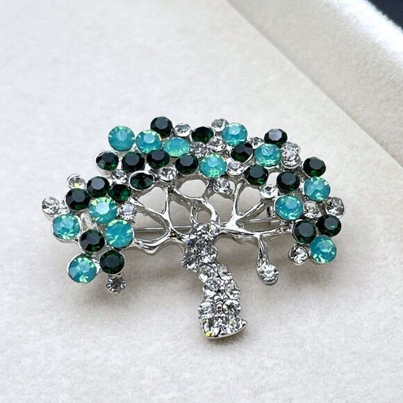 Silver with Green Opal Emerald and Diamond Crystal Blooming Tree Pin Back Brooch - Picture 4 of 9